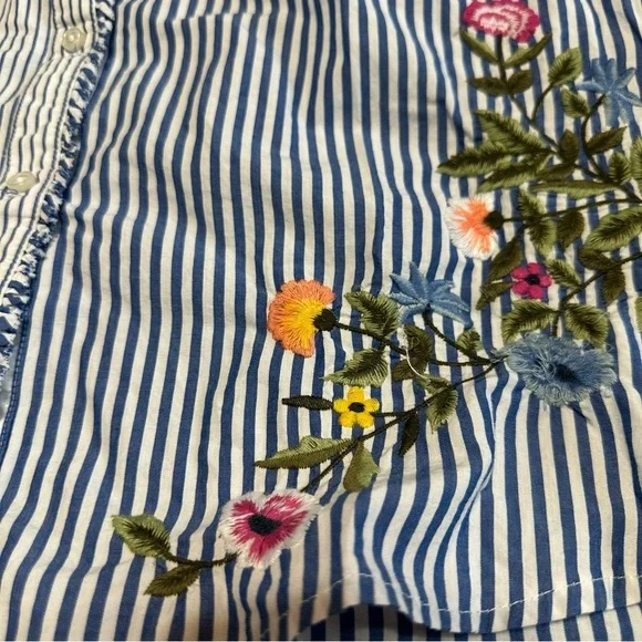 Charter Club Blue Striped Blouse with Floral Embroidery - Picture 4 of 5
